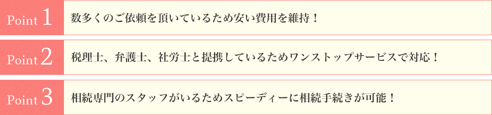 
			Point1.数多くのご依頼を頂いているため安い費用を維持！
			Point2.税理士、弁護士、社労士と提携しているためワンストップサービスで対応！
			Point3.相続専門のスタッフがいるためスピーディーに相続手続きが可能！